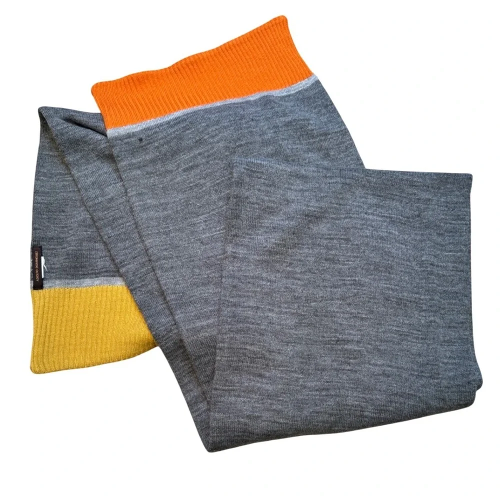Adolfo Dominguez Grey Knit Scarf with Yellow and‎ Orange Color Block Trim Long